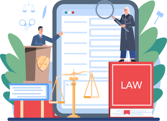 Law books, scales of justice, and a digital case management platform