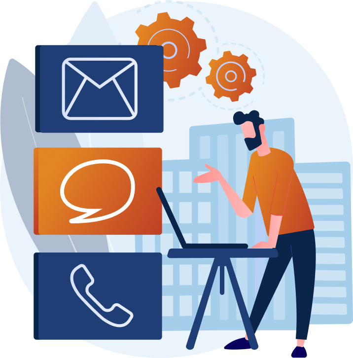 Person at laptop with email, chat and phone communication icons