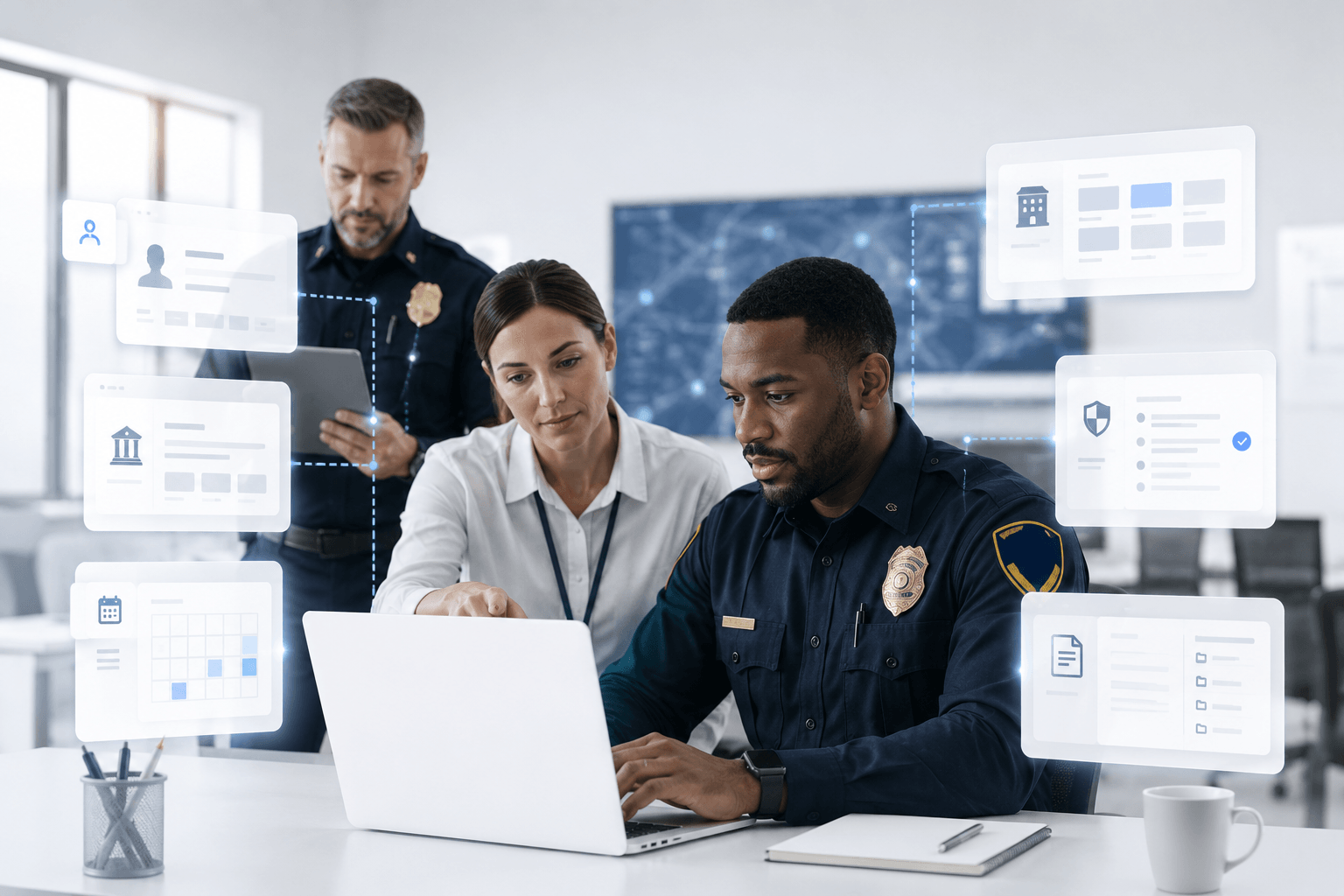 Police officers reviewing case information dashboards