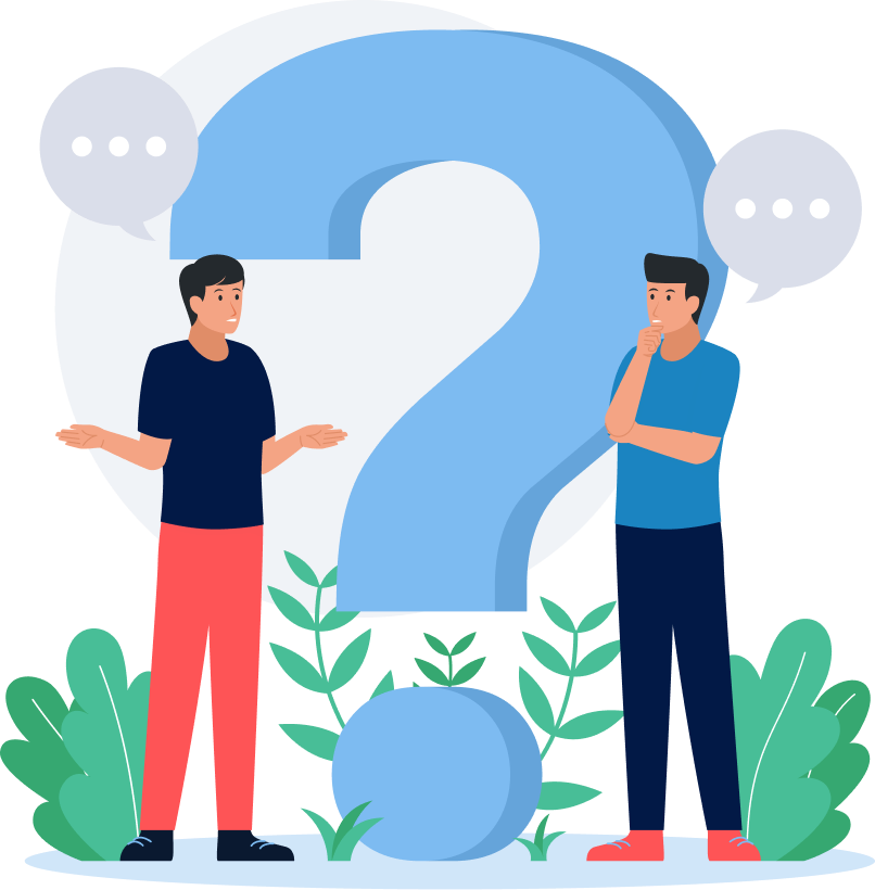 Two people discussing beside a large question mark representing community questions